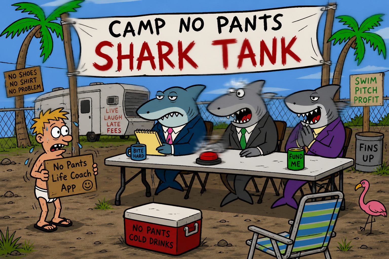 Camp No Pants Shark Tank promo art: three sharks in suits judging a nervous pitcher in underwear on a sandy Florida lot
